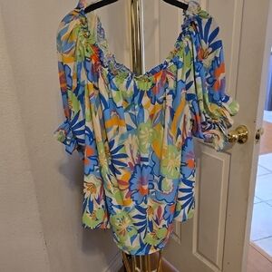 Flying Tomato Blue and Yellow Ruffled Short Sleeve Blouse
